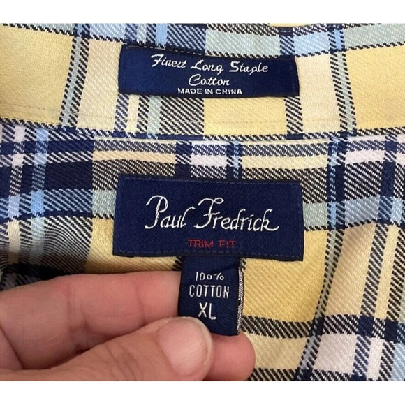 Paul Fredrick XL Long Sleeve Button Up Shirt Plaid Yellow Blue Trim Fit FLAW - Picture 4 of 8